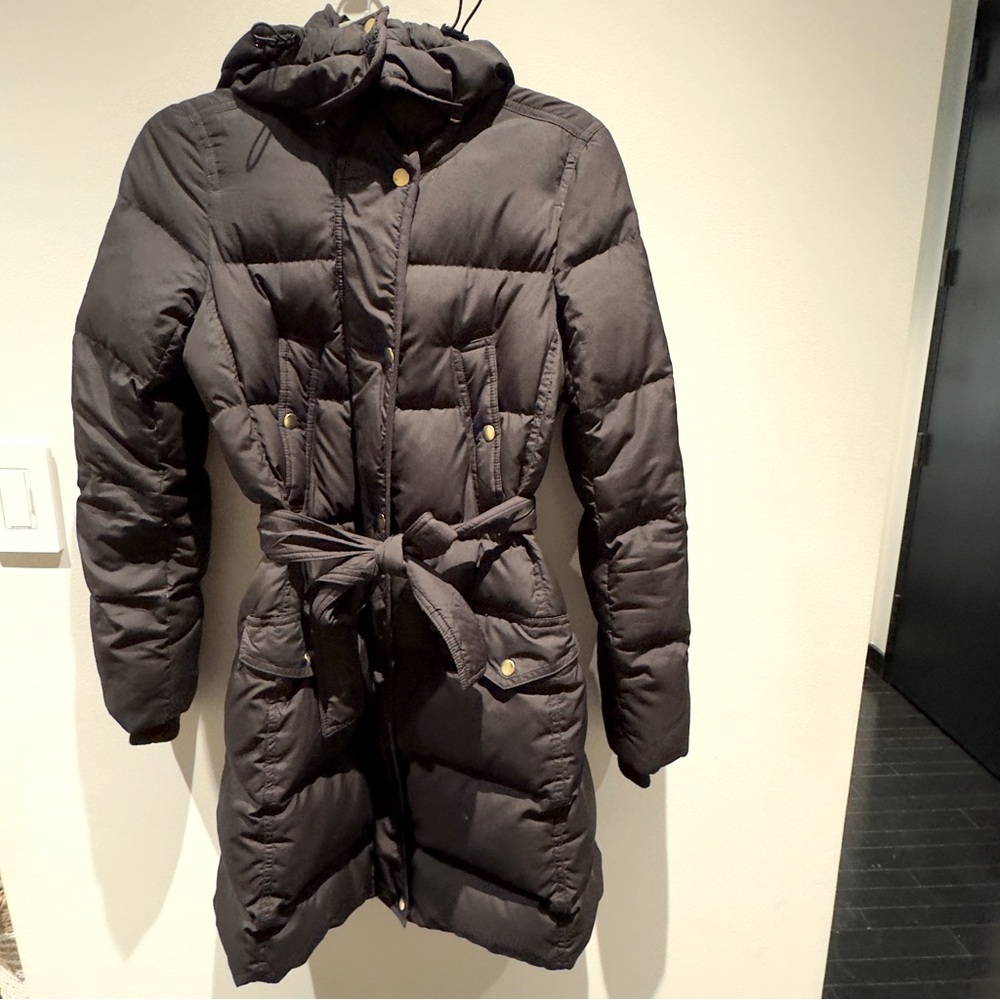 J.Crew Black Puffer Long Coat With Gold Snap Buttons Size XS Women’s